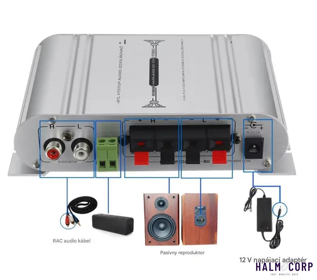 Zosilňovač 2x40W s adaptérom, výstup na BASS