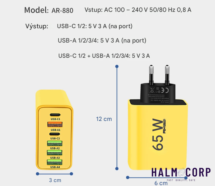 USB Nabíjací Adaptér, 65W