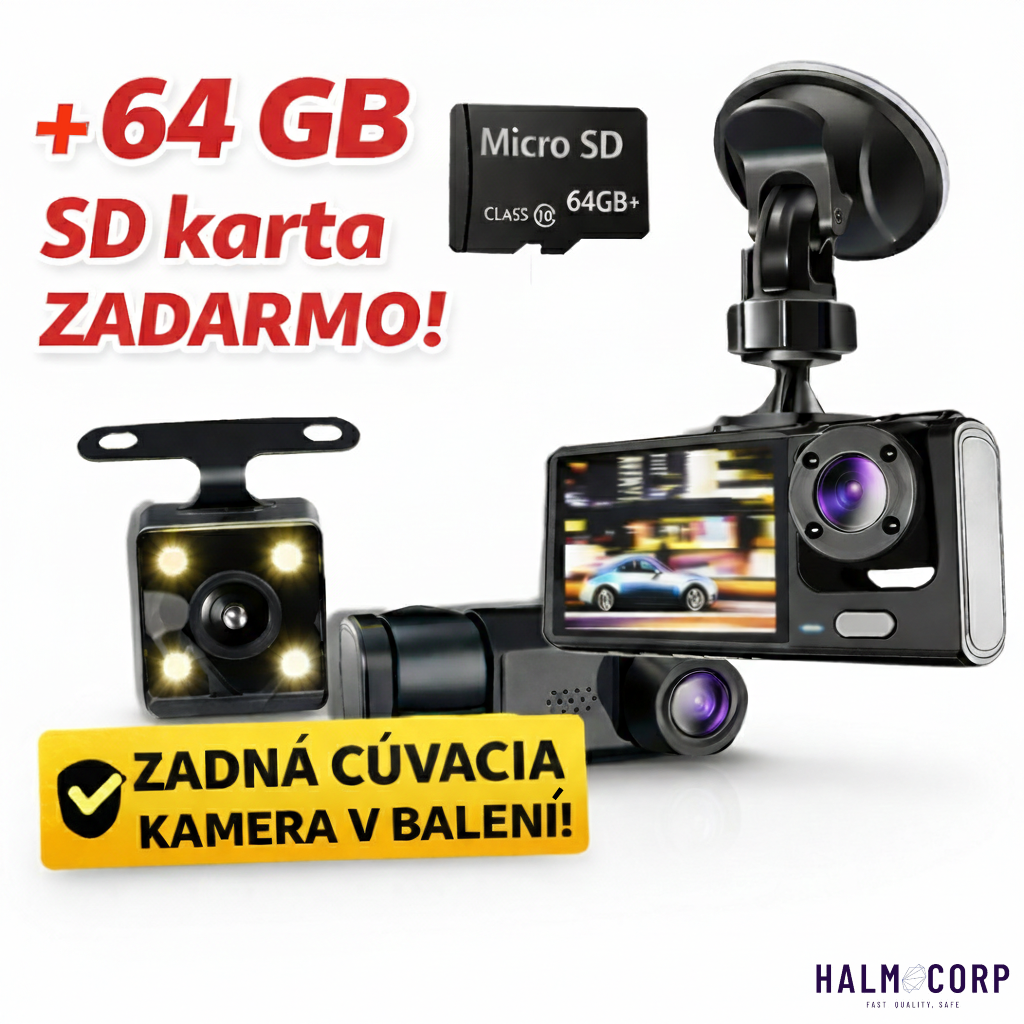 Trojobjektívová kamera do auta s cúvacou kamerou + 64GB SD karta