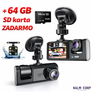 Trojobjektívová kamera do auta s cúvacou kamerou + 64GB SD karta